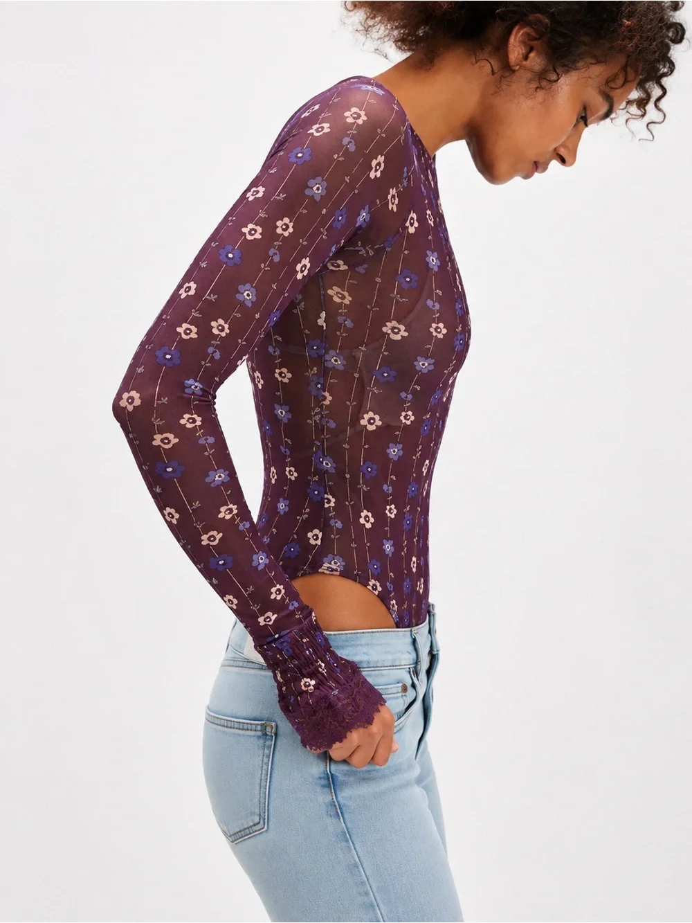 Free People Up All Night Printed Bodysuit Plum Floral Mesh Women Size M